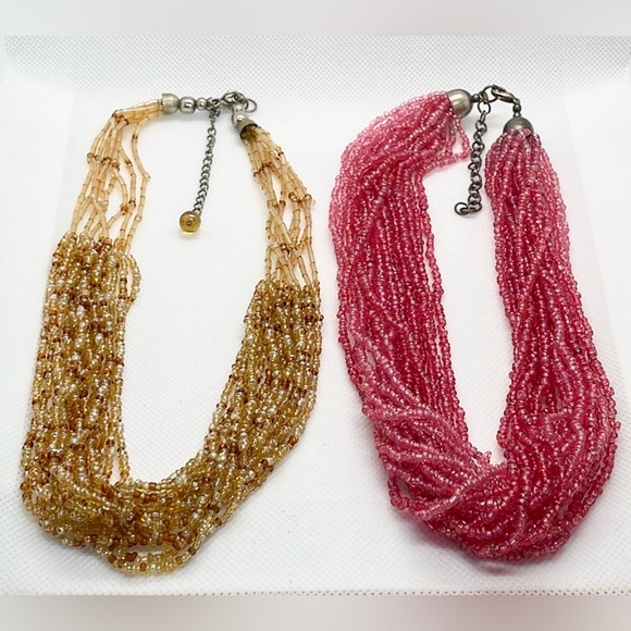 TWO Gorgeous Multi-Strand Beaded Necklaces in Gold and Rose!  Torsade!  Two Pair - Picture 1 of 14